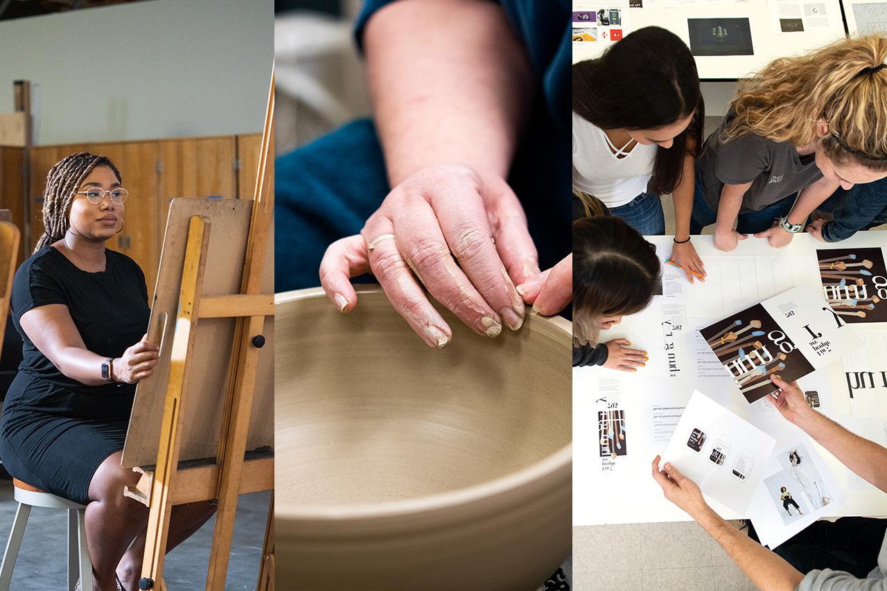 Students working on a graphic design, a professor sculpting a bowl, and a student at a drawing easel. 